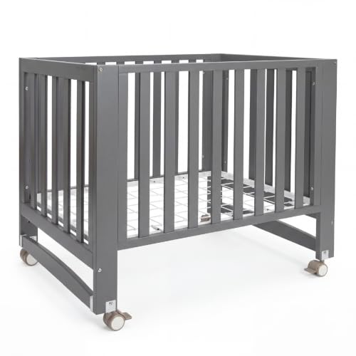 MAMAZING EvoNest 6 in 1 Convertible Baby Crib with Wheels, GREENGUARD Gold Certified, 4 Adjustable Mattress Heights, 100% New Zealand Pine Wood, Portable Mini Cribs for Small Spaces, Grey