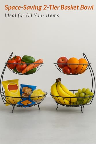 Image of 2-Tier Metal Fruit Basket Stand for Kitchen Counter | Double Layer Fruit Bowl Organizer for Vegetables, Fruits & Snacks | Rust-Resistant Iron Wire Basket for Home & Dining Table (23x32x28 cm)
