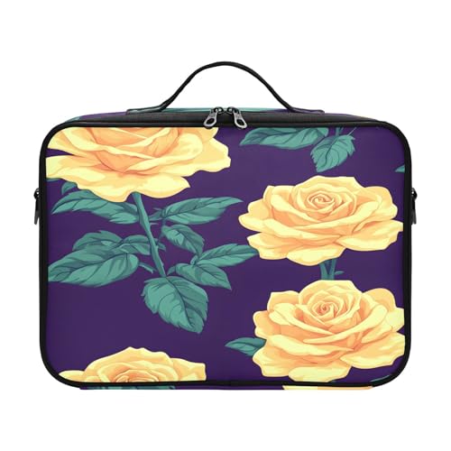 zyrtty Travel Makeup Train Case Yellow Flower Pattern Green Leaves Plants Cosmetic Organizer Portable Storage Bag with Adjustable Dividers for Cosmetics Brushes Toiletry Jewelry Digital Accessories