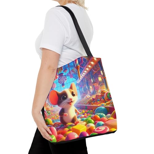 Premium Tote Bag with Reinforced Stitching – Vivid Mouse Exploring an Edible Candy Factory4
