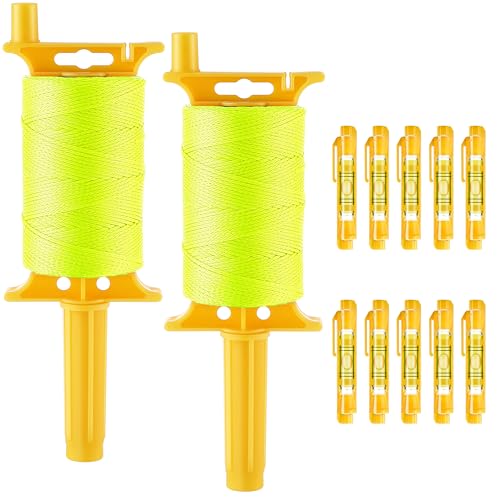 2 Pack Mason String Line Reel for Construction, Twisted 540 FT #18 Braided Nylon String with 10 Mason Line Level, High Visibility Braided Nylon Twine for Masonry Tools, Gardening, DIY(Yellow)
