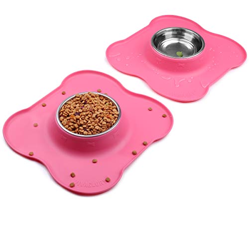 VIVAGLORY Cat Bowls Set, 2 Pack Cat Bowls with Non Spill Silicone Mat and Food Grade Stainless Steel Water and Food Feeding Bowl for Puppy Kitty Cat, Pink