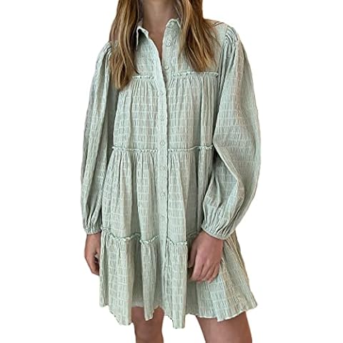 Aox Women Casual Loose Short Shirt Dresses Ladies Long Sleeve Button Down Mini Shift Dress A-Line Swing Blouses Tops Dresses with Pockets (18, Green 202219) Cover