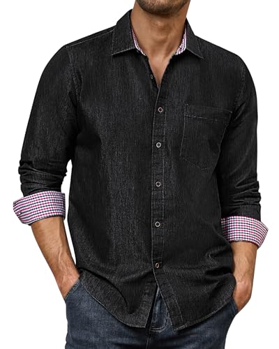 Alimens & Gentle Men's Denim Shirts Casual Button Down Long Sleeve Western Work Dress Shirts for Men