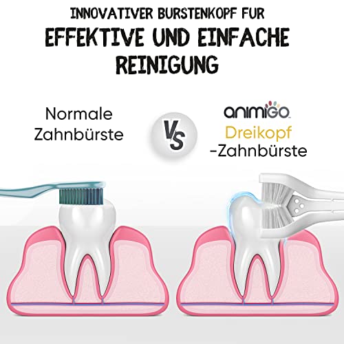 animigo 2X Hundezahnpasta (je 100g), 1x dreiköpfige Hundezahnbürste & 1x Fingerzahnbürste - Gegen Plaque, Zahnstein und schlechten Atem - Hunde Zahnpflege für Zahnreinigung mit Zahncreme & Fingerling