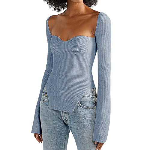 Image of Women's Square Neck Ribbed Knitted Sweater Long Sleeve Crop Slim Fitted Basic Pullover Tops