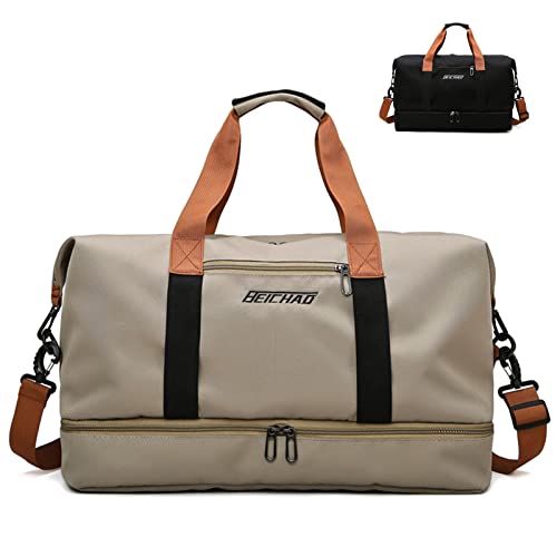 MAOYUTOU Travel Bag Large Sports Bag Men Women Travel Bags with Wet Compartment and Shoe Compartment for Travel Holiday Gym Sports Fitness Duffel Bag, brown, Luggage strap
