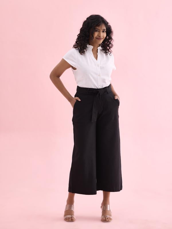 Image of GO COLORS Solid Linen Culottes for Women | High Rise, Side Pockets, Front tie-up