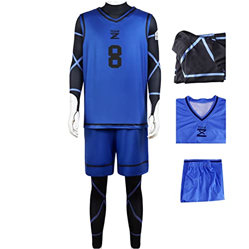 Anime Blue Lock Cosplay Costume Jersey Set Football Training Sportswear Bodysuit Outfit with Wig (No.8 No wig, 2XL)