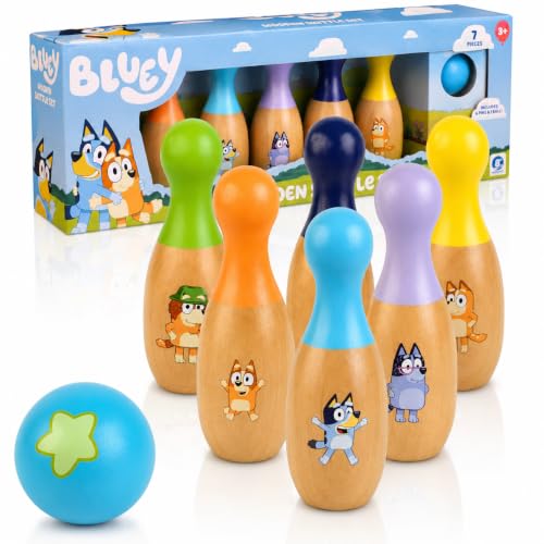 Bluey Wooden Skittles Set Kids Bowling Game with 6 Character Pins & Ball Bluey & Bingo Pins Indoor & Outdoor Play Durable & Sturdy FSC Certified Wood Ages 3+