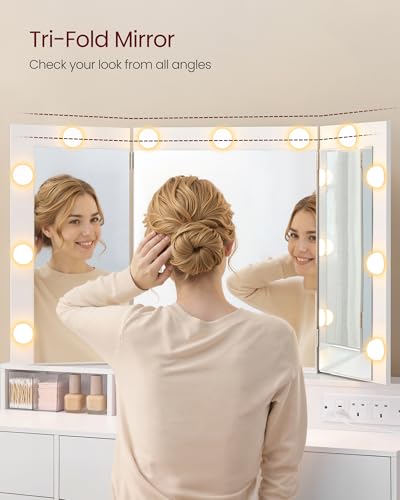 VASAGLE KAILYN Collection - Dressing Table with Tri-Fold Mirror, Vanity Table with 11 Bulbs, Power Outlets, 9 Drawers, 3 Colours, Tool-Free Drawer Slides Assembly, Cloud White RDT146WB02 - Image 3