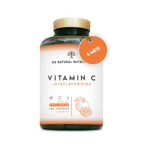 VITAMINA C 1000 mg ALTO DOSAGGIO + Bioflavonoidi - Naturale Vitamine C Complex Pura - Riduce la Stanchezza e la Fatica , Rafforza le Difese - Acido Ascorbico - 180 Capsule Vegano N2 Natural