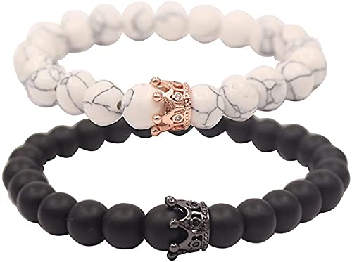 Esyauto Rose Gold Crown White Stone & Black Crown Black Stone Couple Bracelets with a Jewelry Small Gift Box, 2 pcs