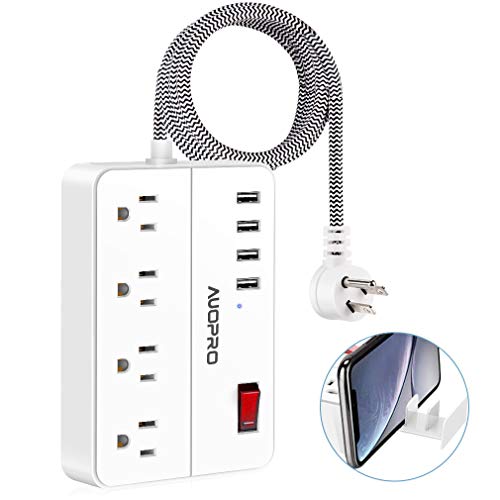Power Strip with USB, AUOPRO Flat Plug Surge Protector 4 Outlets & 4 USB Ports, Retractable Phone Holder, 5ft Braided Extension Cord, Compact Charging Station for Home Office Travel, 1250W/10A/600J
