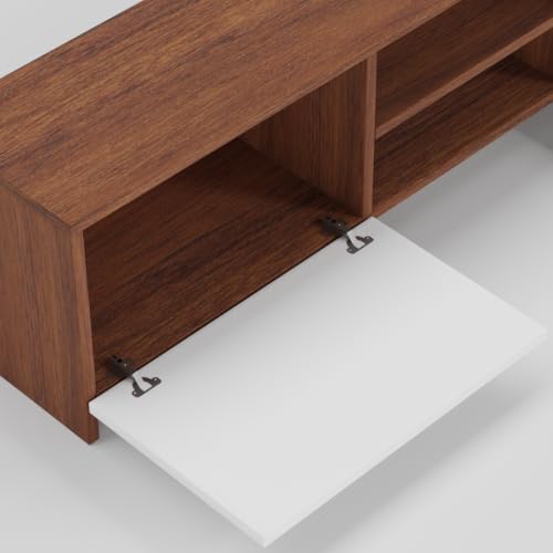 Image of Modern Living Room TV Stand with Open Display Compartment, Dual Side Storage Units, and Clean Contemporary Design for Home Decor | Assembly-DIY | Color-Cherry Pine & White