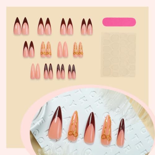 Image of Red French Tip Press on Nails Bow Fake Nails Long Stiletto False Nails with Design 3D Gold Bowknot Glue on Nails Glossy Artificial Acrylic Nail Full Cover Nude Stick on Nails for Women Manicure 24Pcs