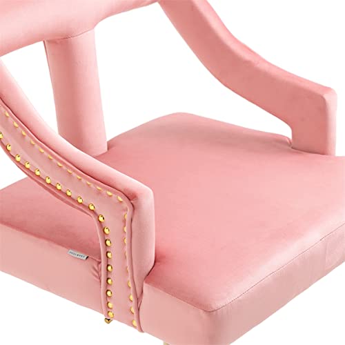 Bar Stools, Counter Height Dining Chairs Upholstered Velvet Barstool With Comfy Back & Gold Footrest, Vintage Swivel Adjustable Stool Chair For Dining Room Kitchen Living Room Island, Pink #TOP6