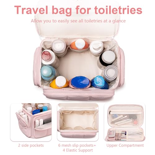 LEDAOU Toiletry Bag for Women,Quilted Travel Makeup Bag Organizer with Double Deck, Large Wide-open Cosmetic Make up Bag for Travel Essentials (Pink Puffy)