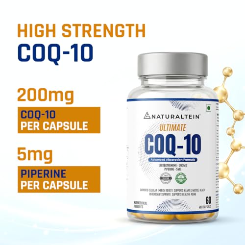 Image of NATURALTEIN Ultimate CoQ-10 200mg with Piperine 5mg | Enhanced Absorption | Supports Energy, Heart & Muscle Health, Antioxidant Support | 60 Veg Capsules