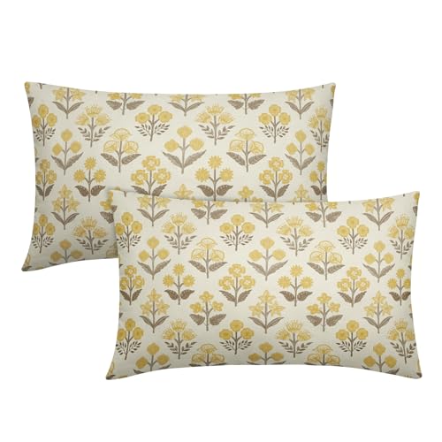 Brown Yellow Floral Pillow Covers 12x20 Inch Set of 2, Block Print Lumbar Flower Cream Decorative Throw Pillowcases Outdoor Farmhouse Rectangle Cushion Covers Spring Summer Sofa Couch Bed Decor