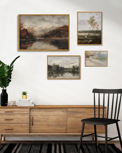 Image of KISSFOX Framed Vintage Landscape Wall Art Natural Scenery Canvas Prints Colorful Painting Artwork Rustic Farmhouse Pictures Decor Living Room Office Bedroom Bathroom Kitchen