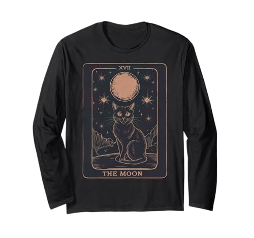 Cat Tarot Card - The Moon Vintage Style Tee Maglia a Manica