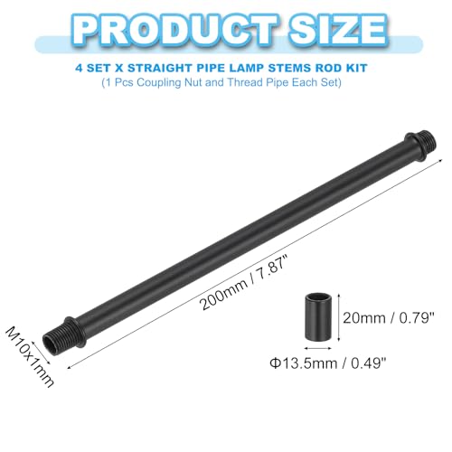 Image of PATIKIL Straight Pipe Lamp Stems Rod Kit, 4Set M10 Carbon Steel 200mm(7.87 inch) Long Double End Thread Rod with Coupling Nuts Sleeve Connector for Table Lamps Chandeliers, Black