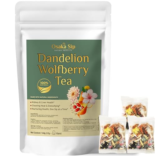 OsakaSip Dandelion Wolfberry Herbal Tea Bags - Natural Detox Cleanse Blend for Liver Kidney Health - 7 Chinese Herb Ingredients with Goji Berry Cassia Seed Licorice Chrysanthemum Orange Peel Gardenia (144g 12 bags)