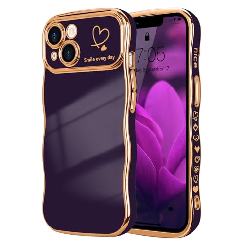 LCHULLE for iPhone 14 Case for Women Girls, Cute Wave Frame Curly Shape with Love Heart Pattern Raised Camera Protection Cover Luxury Plating Shockproof Phone Case for iPhone 14, Dark Purple by LCHULLE - Used condition - US$6.61