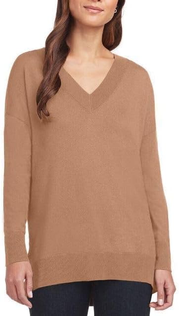Matty M Womens Sweater, V-Neck with Side Slits, Camel (Brown), Medium