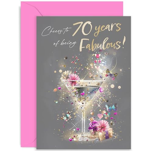 70th Birthday Card for Women - Stylish Age 70 Milestone Female Birthday Card - Cheers to 70 years - Seventieth Birthday Gifts for Her - Fabulous Gold Foil Card for Her | Blank Inside