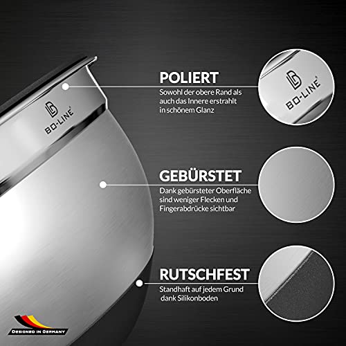 Foto von BO-LINE® Hochwertige Edelstahl Schüssel Set mit Deckel + Schneebesen | rutschfester Boden, luftdichte Deckel| geeignet als Salatschüssel & Rührschüssel |1,0l, 2,5l, 4,5l