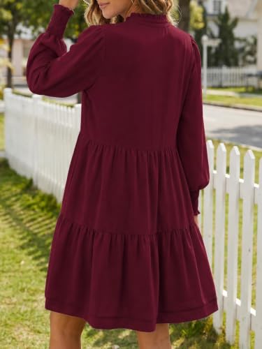 Image of Imily Bela Womens Fall Long Sleeve Tunic Dress Casual V Neck Tiered Dress | Loose,Swing,A-Line,Ruffled Collar,Puff Balloon Sleeve,Smocked Elastic Cuffs,Tiered Layered Ruffle Hem,Babydoll,Loose,Mini