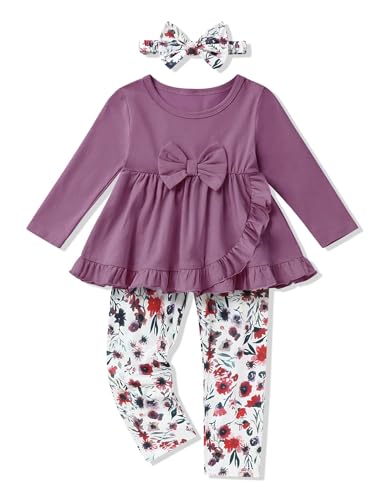 oklady Toddler Girl Clothes Unique Bow and Ruffled Design Tops Floral Pants with Headband,Toddler Girl Outfits Size 18M-5T
