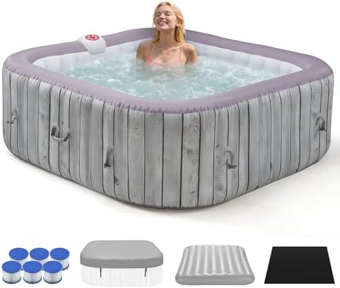 BTMWAY 73" Inflatable Hot Tub,4-6 Person,Portable Outdoor Spa with 130 Soothing Bubble Jets,Control Panel,Insulated Cover and 6 Replaceable Filters,Smart Heating,110-120V Input (Square)