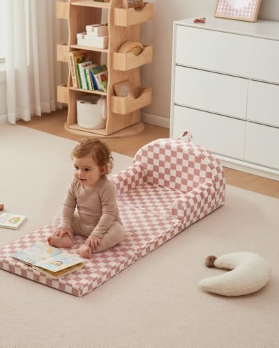 Image of Blissful Diary Kids Couch, 2-in-1 Comfy Kids Chair for Reading, Playroom, Kids Couch Sofa for Girls Boys Birthday Gift, Blush Checkered