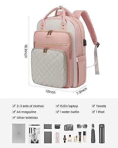 Image of LOVEVOOK Laptop Backpack, D-Pink-Grey, 15.6in Laptop Compartment, 26L Capacity, 18 Pockets, Ergonomic Shoulder Straps, USB Charging Port