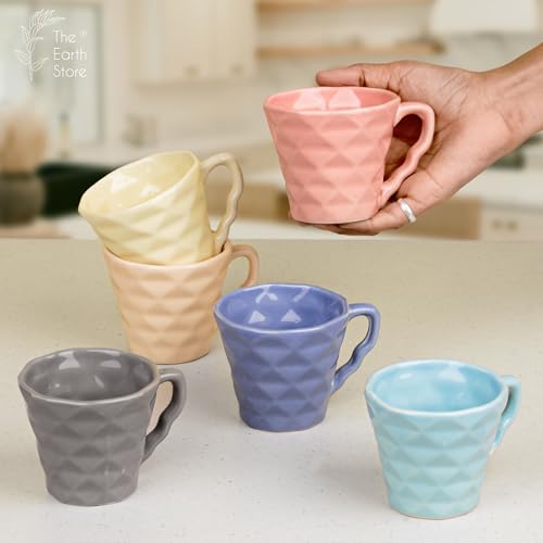 Image of The Earth Store Ceramic Diamond Multicolor Chai /Tea Cups for Serving Set Best Gift for Friends, Anniversary, Birthday | Dishwasher Safe | 150 ML Set of 6