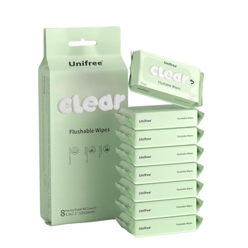 Unifree Compact Flushable Wipes XL On-The-Go Pocket Wipes for Sensitive Skin Unscented Travel Biodegradable 8 Pack 56 Wipes
