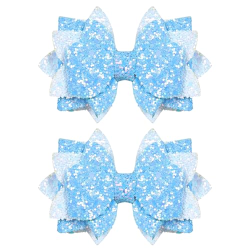 Glitter Bow Hair Clips 4 Layers Sparkly Sequin Hair Bows 3.6 Inch Kids Girls Holiday Cheer Hair Accessories for Halloween Christmas Birthday, Blue & White