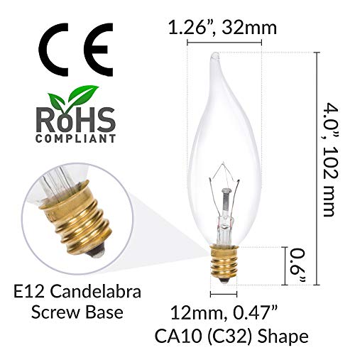 Simba Lighting INC-25C32FE12C-12PC Candelabra Flame Tip Clear Ca10 25W E12 Base (12 Pack) Decorative Incandescent Light Bulbs 120V thumb #3