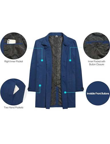 Image of Little Donkey Andy Men's Single Breasted Waterproof Mid-Length Trench Coat, Lightweight Long Rain Coat Overcoat (Blue S)