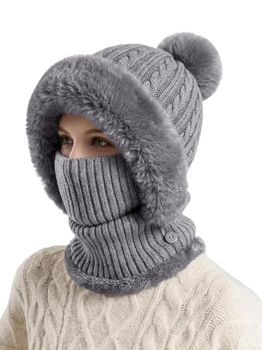 Cuptacc Winter Hats for Women 3 in 1 Beanie Hat with Scarf and Mask Fleece Lined Beanie with pom Warm Balaclava Hoodie Grey