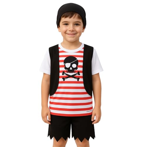 Conjunto Infantil Fantasia Pirata Camiseta com Colete Short e Bandana