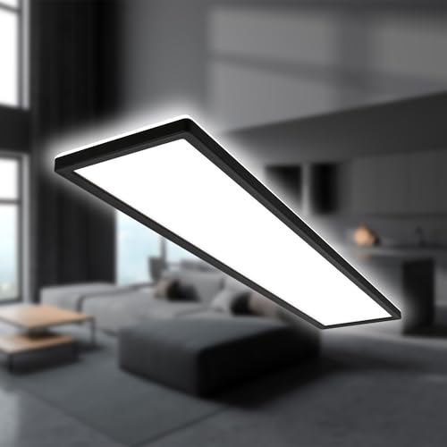 B.K.Licht   Lámpara LED de techo con luz indirecta, plana, luz blanca neutra, IP44, panel, lámpara LED, lámpara de techo, lámpara de baño, lámpara de salón, lámpara de cocina, 98 x 20 x 3 cm, negro