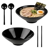suaywo 2 Juegos Cuenco Ramen Bol Ramen Negro 1000 ml Tazón de Ramen Japonés con Palillos y Cuchara Bol Ramen Negro para Servir Sopa, Ensalada, Pasta, Fideos