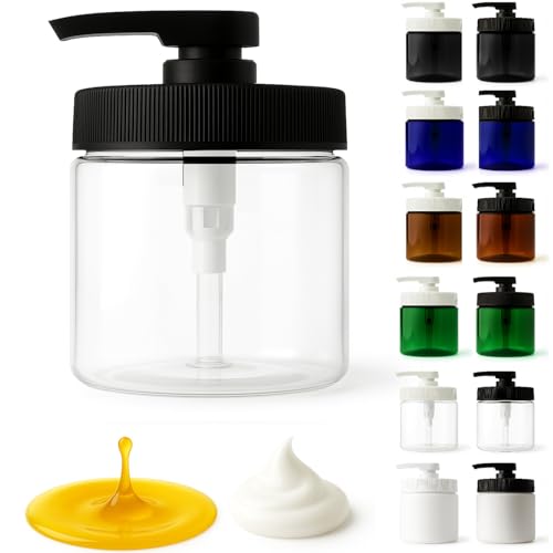 Royal Massage 16oz Refillable Pump Jar with Locking Dip Tube Dispenser – BPA-Free Plastic Container for Massage Oils, Lotions, Creams – Ribbed Lid Wide-Mouth Jar – Durable & Reusable (Clear/Black, 1)