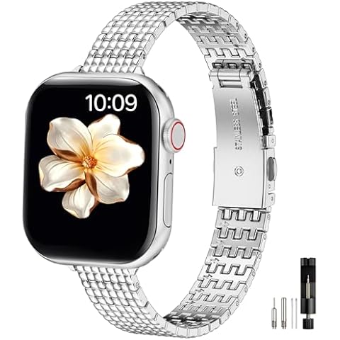 MioHHR Slim Metal Bands Compatible with Apple Watch Band 49mm 46mm 45mm 44mm 42mm(Series 3/2/1),Thin Stainless Steel Chain Strap for Women iWatch Bands Ultra 2 1 Series 10 9 8 7 6 5 4 SE,Silver Cover