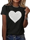 SweatyRocks Women's Heart Print Glitter Sequin T Shirts Casual Round Neck Short Sleeve Tee Tops Black Medium