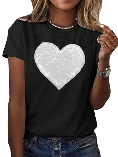 SweatyRocks Women's Heart Print Glitter Sequin T Shirts Casual Round